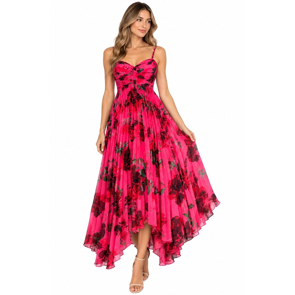 X by Xscape Dress 4 Pink Floral Pleated High Low Midi Formal Party XC357 NWT